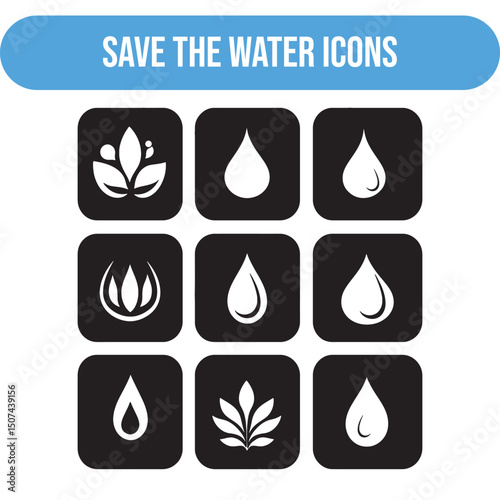icon set of 6 for save water , solid black and white