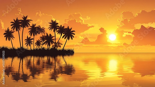 Silhouette of a tropical island at sunset.