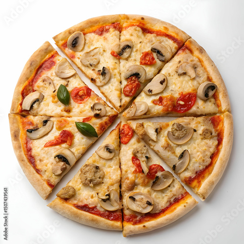A delicious chicken pizza topped with juicy mushroom slices and aromatic spices, featuring a golden crust and melted cheese, isolated on a clean white background.