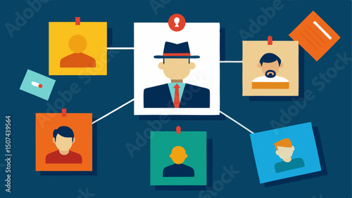 Collage of Evidence A detective pinning various photos of suspects onto a bulletin board with printed facial recognition results taped next to each photo.