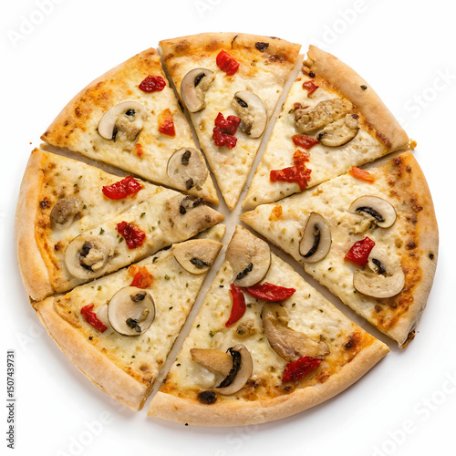 A delicious chicken pizza topped with juicy mushroom slices and aromatic spices, featuring a golden crust and melted cheese, isolated on a clean white background.