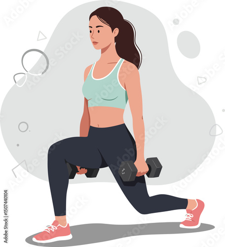 Woman performing lunge exercise with dumbbells in sportswear for fitness and strength training vector illustration 