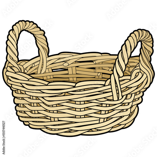 Cartoon hand drawn wicker basket isolated on white background. Vector doodle illustration