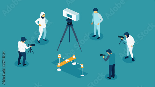 Camera Setup A forensic team positioning cameras around a digital model to capture the angles and perspectives of the crime scene reconstruction.