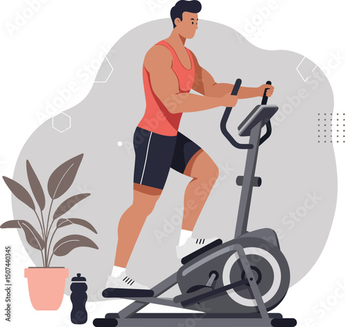 Man exercising on elliptical trainer indoor fitness workout routine vector illustration 