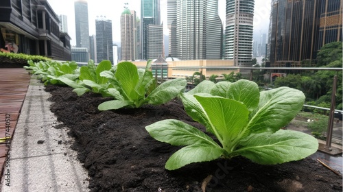 Urban rooftop garden with thriving leafy greens