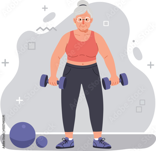 Senior woman exercising with dumbbells in activewear promoting fitness and healthy lifestyle vector illustration 