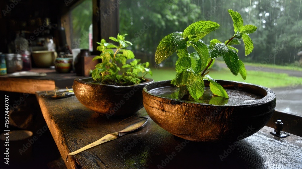 Fresh mint plants thriving in rustic pots by a rainy window Fresh mint plants thriving in rustic pots by a rainy window