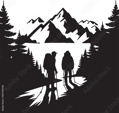 Camping Silhouette Man by Campfire in Forest Vector.
