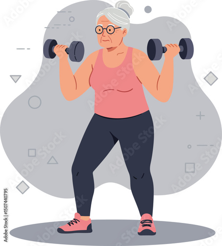 Senior woman lifting dumbbells in fitness workout for healthy active lifestyle vector illustration 