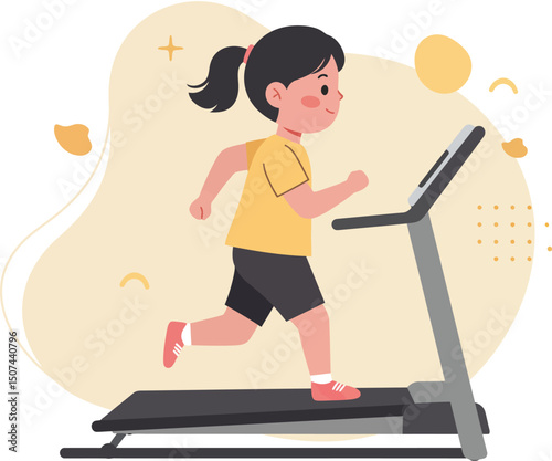 Girl running on treadmill exercising indoors for fitness and health vector illustration 