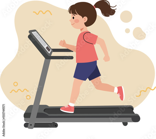 Girl running on treadmill exercising indoors for fitness and healthy lifestyle vector illustration 