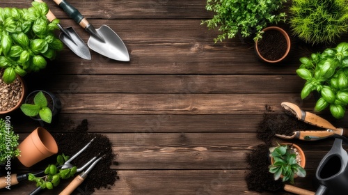Gardening tools and plants arranged on a wooden table
