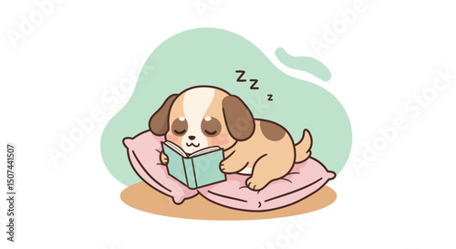 Sleeping puppy resting on pink pillow with book in calm environment illustration 