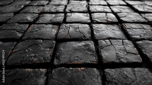 Dark, aged stone pavement.  Close-up view of textured paving stones