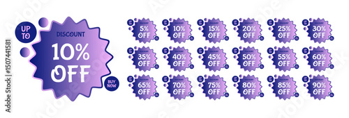Vector set of purple discount badges with "Up to X% Off" and "Buy Now" callouts, featuring gradient starburst shapes for promotions from 5% to 90% off. Ideal for sales and marketing.