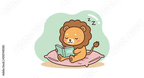 Cute sleeping lion cub reading book on pillow in peaceful setting with soft green background 