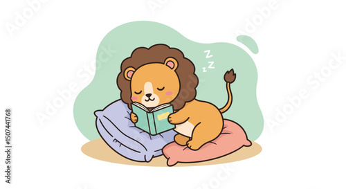 Sleeping lion cub with closed eyes resting on pillows after reading book in cozy environment 