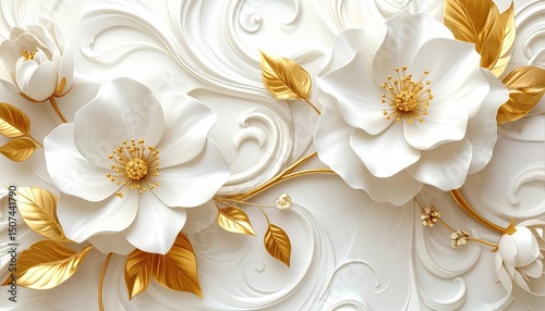 Luxury floral art design with golden leaves and white blooming flowers for premium decor and creativity themes