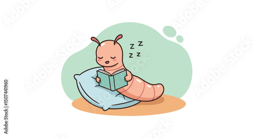 Cartoon sleeping caterpillar reading book on pillow with green background in cozy scene 