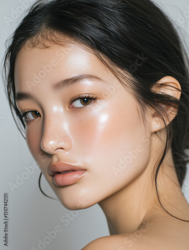 A close-up beauty shot of a young east asian woman with flawless, dewy glass skin and subtle glossy lips, her expression serene, embodying a minimalist makeup aesthetic.