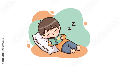 Young boy sleeping peacefully on pillow while holding book in cozy environment with pastel colors 