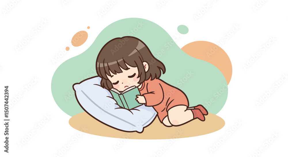 Fototapeta premium Baby girl lying on pillow reading book in pastel colors calm environment cute scene 