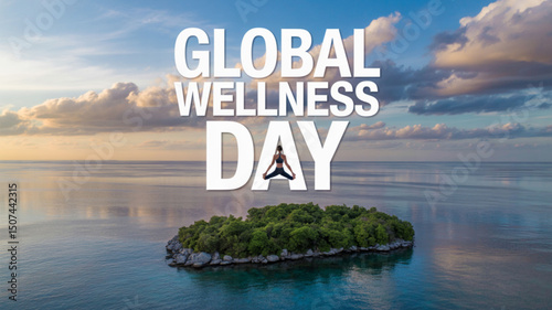 Beautiful Global Wellness Day illustration: serene island, meditating figure, and inspiring text. Perfect for posters, social media, or any promotion of health, mindfulness, and well-being.