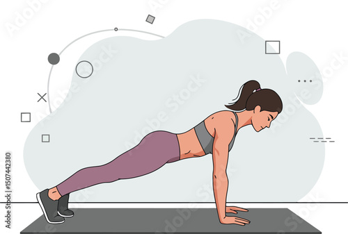 Woman doing plank exercise workout for core strength and fitness training illustration vector