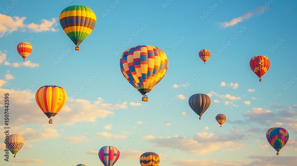 Obraz premium Colorful hot air balloons floating in a light-blue sky.