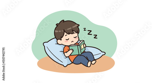 Sleeping child boy resting with book on pillow in peaceful environment illustration 