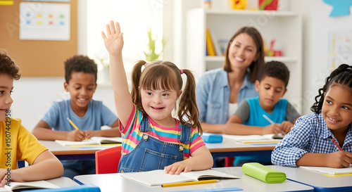 Young girl with Down syndrome raising her hand enthusiastically in a colorful classroom, surrounded by supportive classmates and a smiling teacher