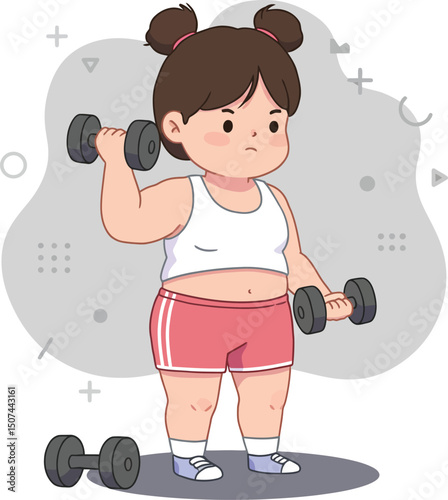 Young girl lifting dumbbells in pink shorts and white tank top exercising indoors vector illustration 