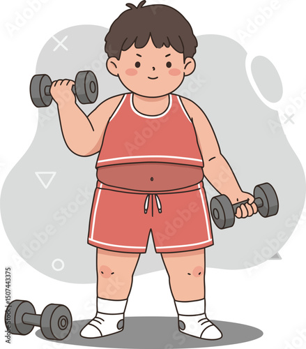 Child lifting dumbbells exercising strength training in casual sportswear vector illustration 