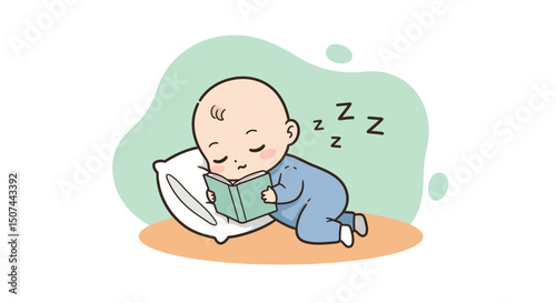 Baby Sleeping on Pillow Reading Book in Blue Pajamas with Green Background Illustration 