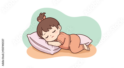 Sleeping child resting peacefully on a pillow in cozy orange pajamas against soft green background 