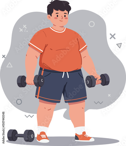 Overweight boy lifting dumbbells exercising fitness and strength training vector illustration 