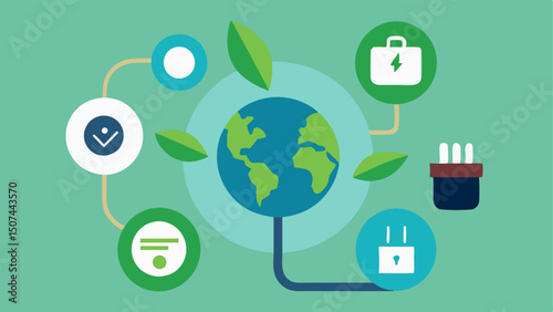 Energy Monitoring Plug A smart plug labeled with energy consumption metrics surrounded by ecoicons like a globe and leaves to depict its sustainable function.
