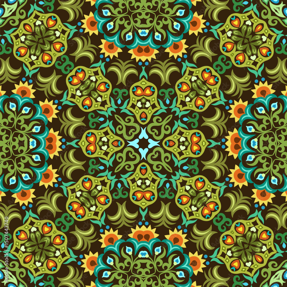 Fototapeta premium Seamless ornamental mandala pattern with intricate symmetrical vector design. Inspired by traditional motifs. Perfect for textiles, wallpapers, tiles, packaging, and decorative projects.