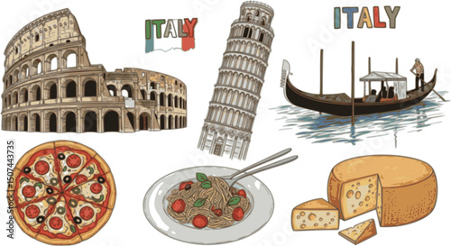 vector set of Hand-drawn illustration of Rome, Italy. Art, Leaning Tower of Pisa, Colosseum, Pizza, Pasta, Cheese and Gondola