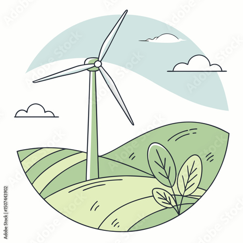 Flat icon of a wind turbine on a hill with modern clean lines in nature colors
