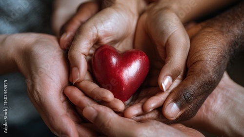 Wallpaper Mural Unified Heart: A close-up shot captures diverse hands cradling a vibrant red heart, symbolizing unity, compassion, and global harmony. Torontodigital.ca