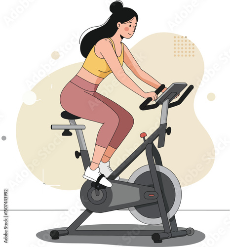 Woman exercising on stationary bike indoor fitness workout health training vector illustration 