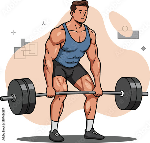 Muscular man lifting heavy barbell weight training exercise illustration in fitness gym environment 