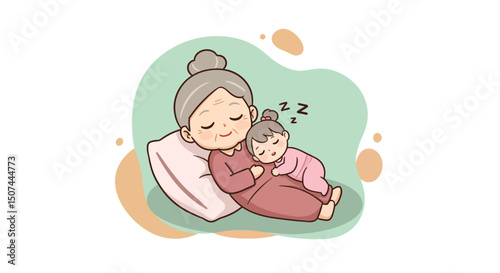 Elderly woman peacefully sleeping with baby in cozy warm environment nurturing family bond 