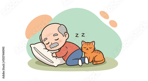 Elderly man sleeping peacefully on pillow beside orange cat resting on floor in cozy setting 