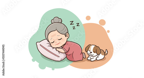 Elderly woman sleeping peacefully on pillow with small dog resting beside her in cozy setting 