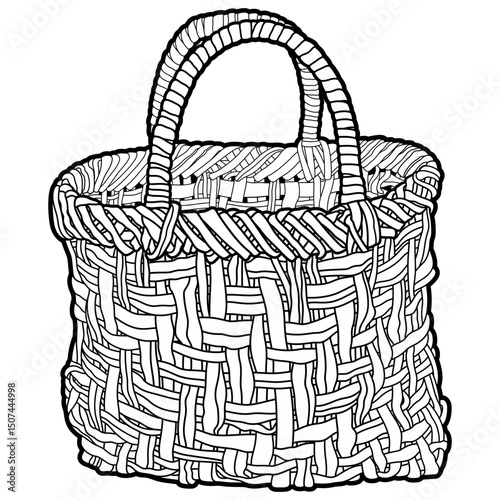 Cartoon hand drawn wicker basket isolated on white background. Vector doodle illustration	