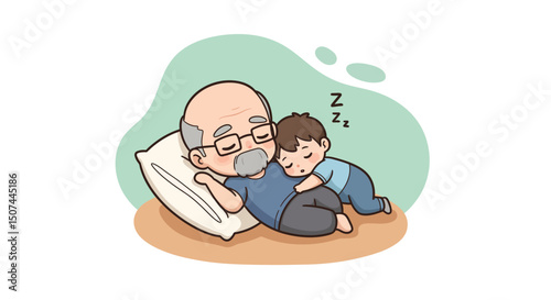 Elderly man and young child sleeping peacefully on pillow in warm family moment illustration 