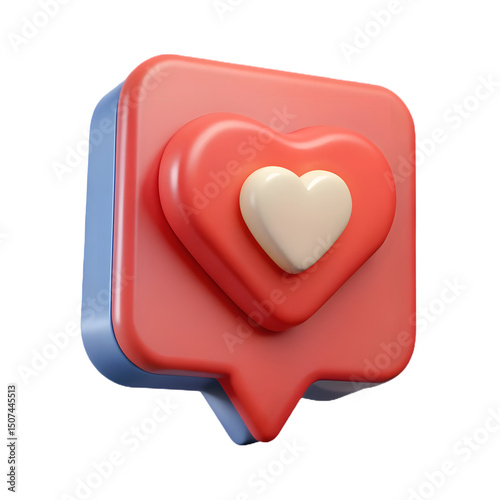 3D Social media like and emoji icon. Red speech bubble message with heart. Love chat. Reaction button. Valentine's Day. Cartoon design element isolated on a transparent PNG background